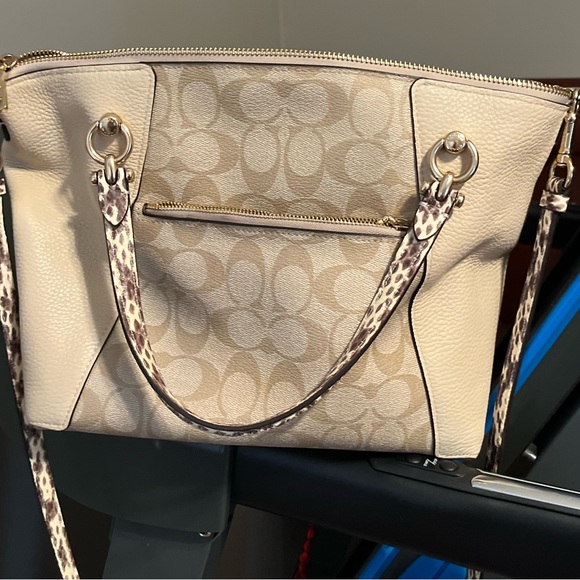Coach Handbags - Coach Beige Logo Leather Tote with Printed Strap